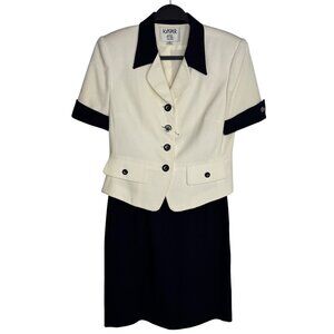 VTG‎ 80s Kasper A.S.L. 8P Dark Blue Ivory Short Sleeve Blazer & Skirt Set Office
